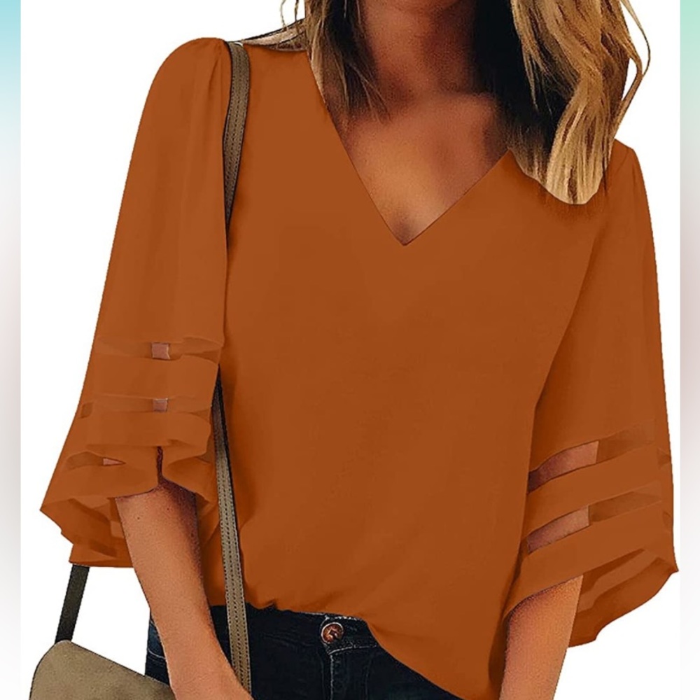 luvamia Women's Casual V Neck Blouse 3/4 Bell Sleeve Loose Top, Burnt Orange